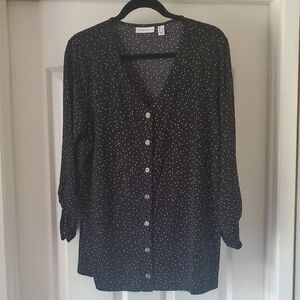 Susan Graver Liquid Knit Black and White Dotted 3/4 Sleeve Button Down Top (L)